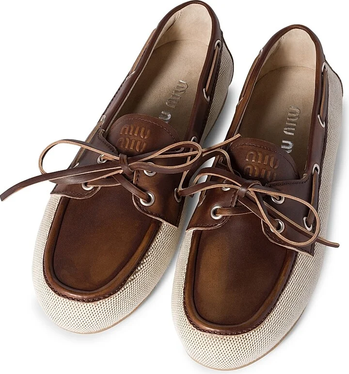 Women's Canvas and Bleached Leather Boat Shoes - Beige Khaki - Size 9 - Image 2