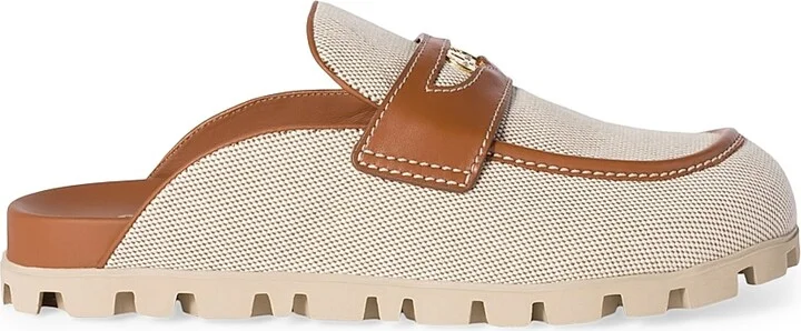 Women's Canvas and Leather Mules - Beige Khaki - Size 6