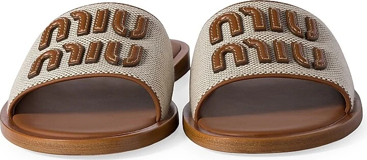 Women's Canvas and Leather Slides - Beige Khaki - Size 6 - Image 2