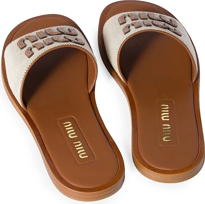 Women's Canvas and Leather Slides - Beige Khaki - Size 6 - Image 3