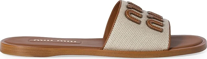 Women's Canvas and Leather Slides - Beige Khaki - Size 6