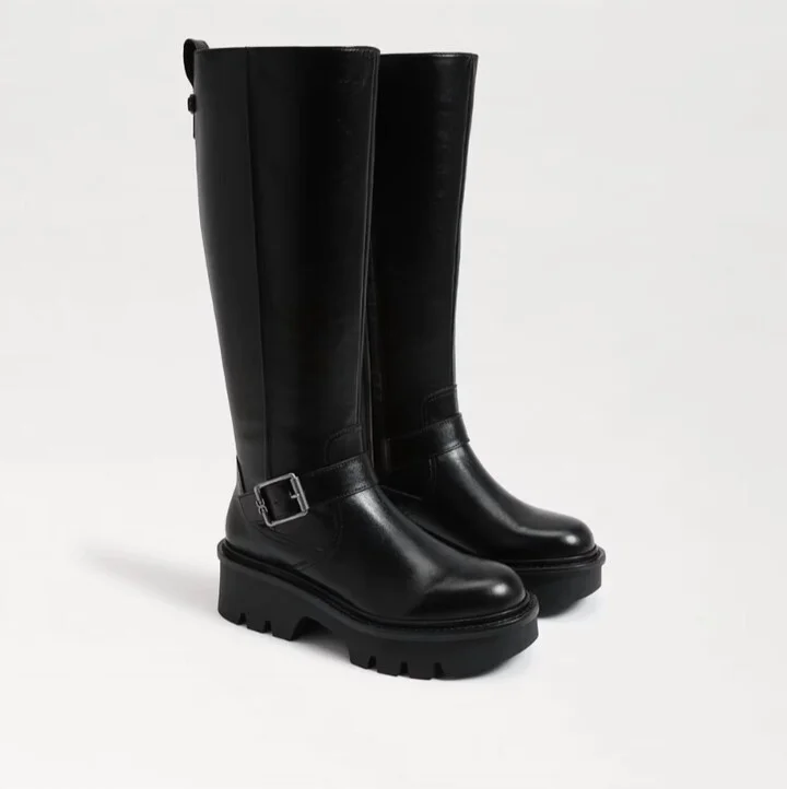 Women's Carter Buckle Detailed Wide Calf Knee High Boots In Black Leather
