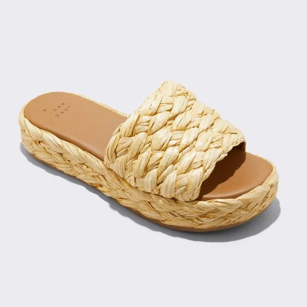 Women's Casey Braided Raffia Platform Slide Sandals - A New Day™ Beige : Slip-On Open Toe, Cushioned Insole, Textured Outsole