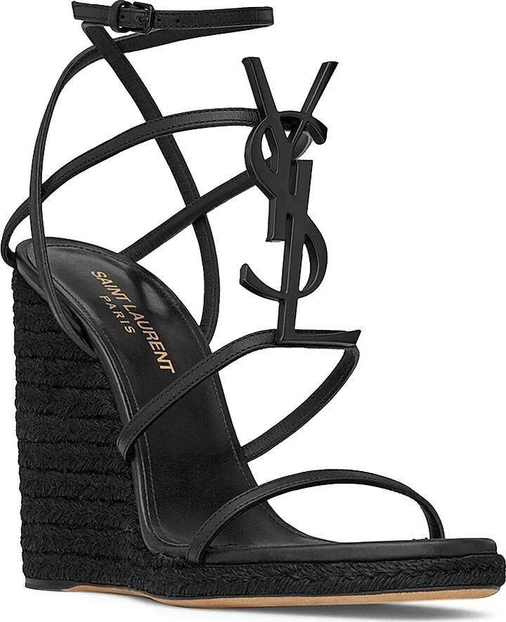 Women's Cassandra Wedge Espadrilles In Leather With Black Monogram - Nero - Size 6 - Image 2