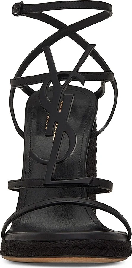 Women's Cassandra Wedge Espadrilles In Leather With Black Monogram - Nero - Size 6 - Image 3