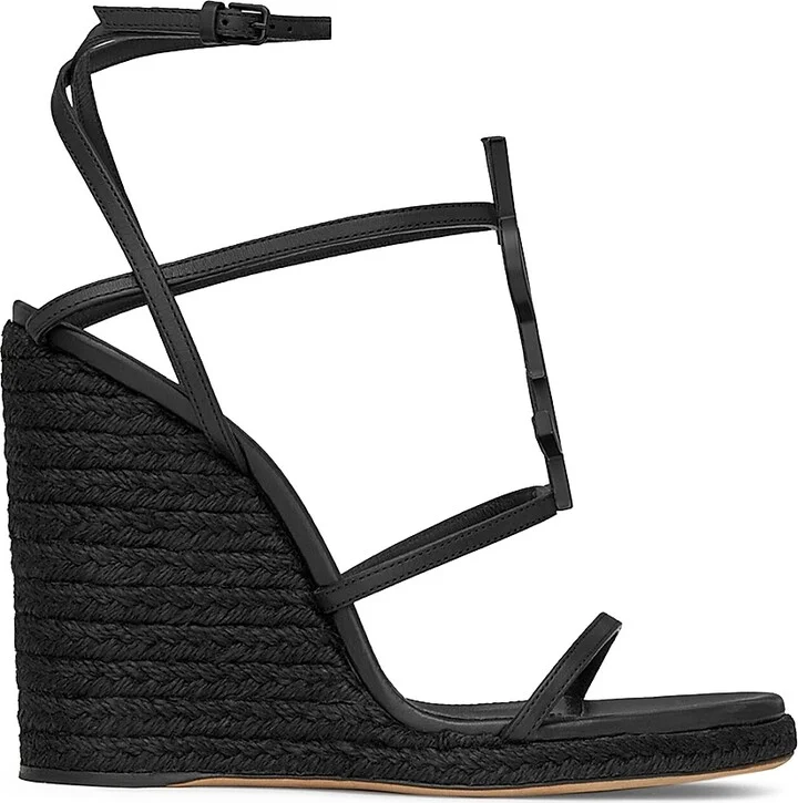 Women's Cassandra Wedge Espadrilles In Leather With Black Monogram - Nero - Size 6