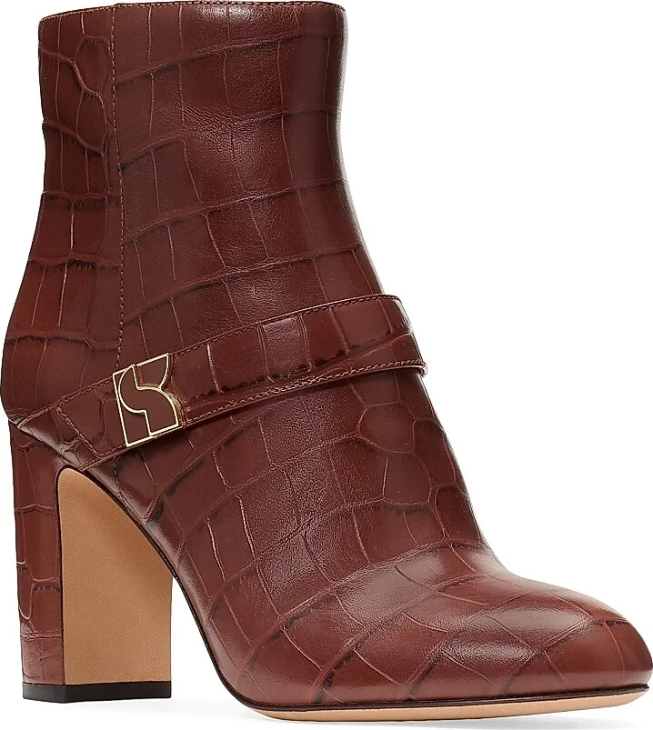 Women's Casual Dakota Croc-Embossed Leather Booties - Deep Umber - Size 5 - Image 2
