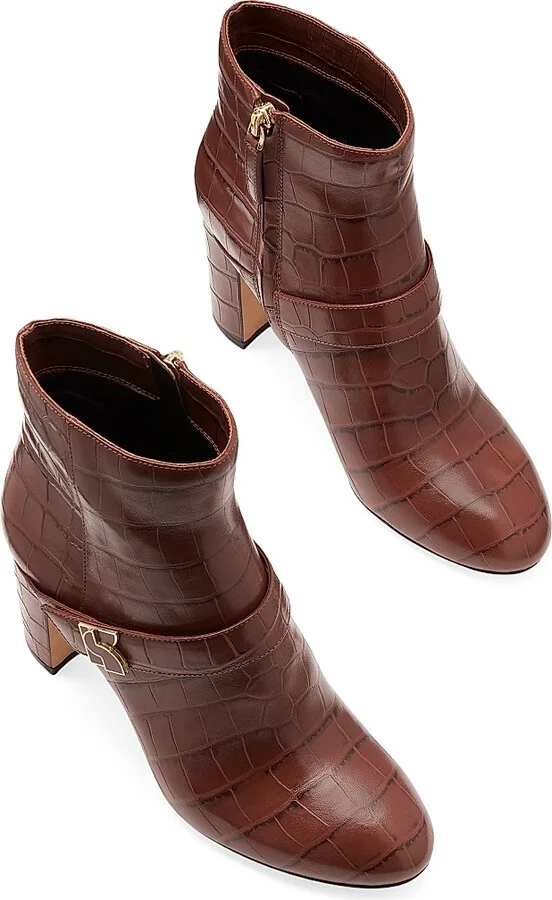 Women's Casual Dakota Croc-Embossed Leather Booties - Deep Umber - Size 5 - Image 5