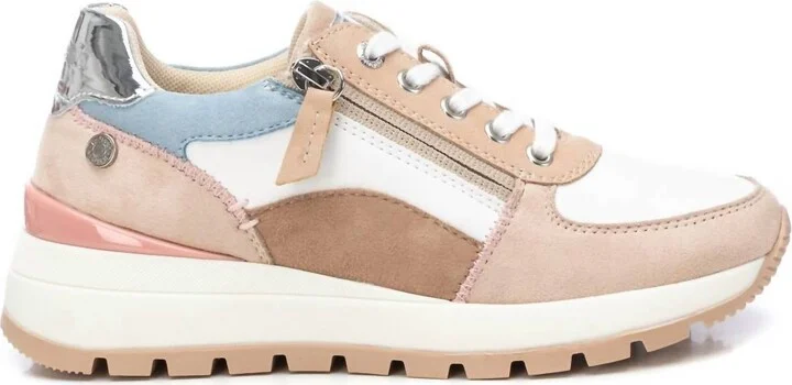 Women's Casual Sneakers With Side Zipper In Beige