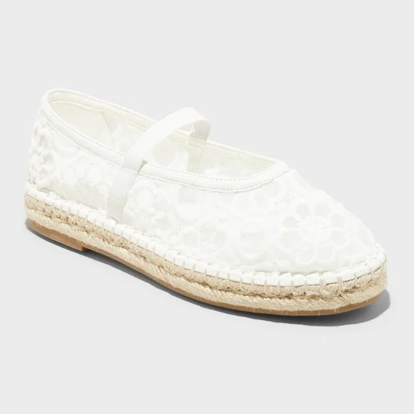 Women's Celia Floral Lace Mary Jane Espadrille Flat with Memory Foam Insole - Universal Thread™ White : Breathable Mesh, Pull-On Style