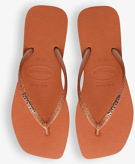 Womens Cerrado Orange Square Glitter Logo-Embossed Rubber Flip-Flops 3/4 - Image 2