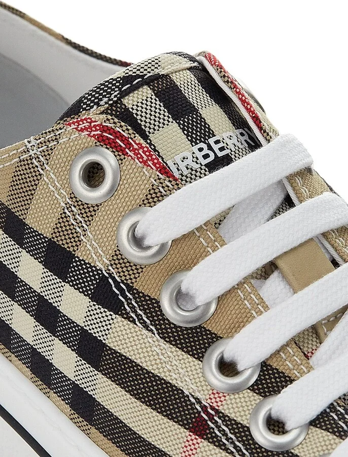Women's Check Cotton Logo Sneakers - Archive Beige - Size 5 - Image 6