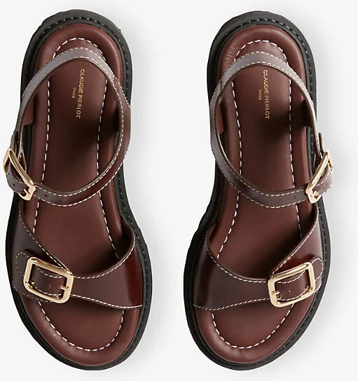 Womens Chocolate Double-Buckle Flat Leather Sandals Eur 39 / 6 Uk Women - Image 2
