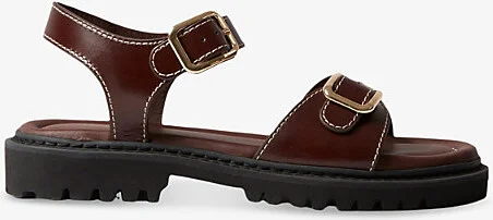 Womens Chocolate Double-Buckle Flat Leather Sandals Eur 39 / 6 Uk Women