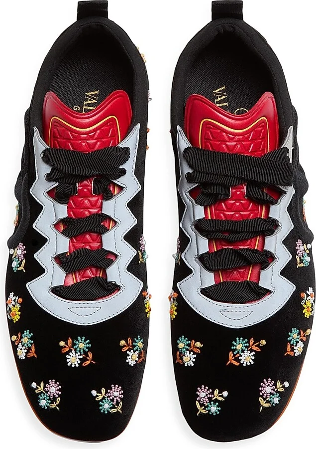 Women's Chromathon Velvet Sneakers with Floral Embroidery - Black Multicolor - Size 7 - Image 4