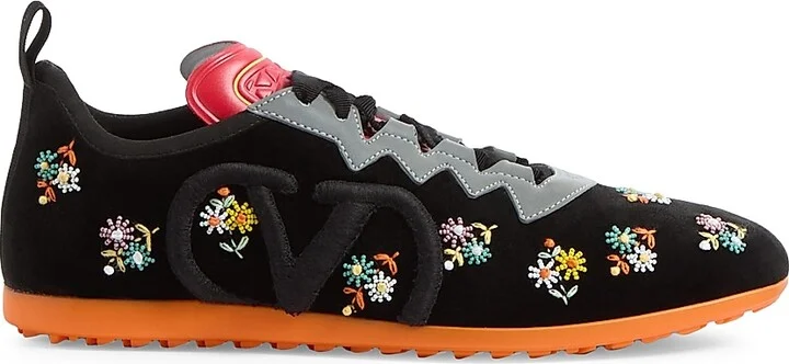 Women's Chromathon Velvet Sneakers with Floral Embroidery - Black Multicolor - Size 7