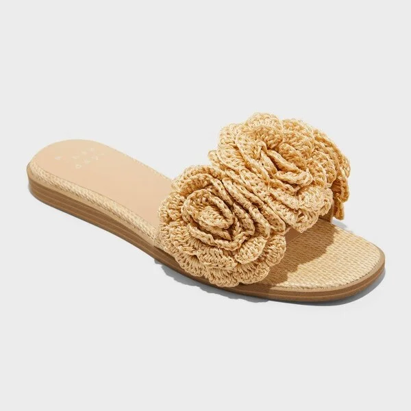 Women's Coco Raffia Flower Slide Sandals - A New Day™ Tan : Memory Foam Insole, Open Toe, Textured Outsole, Medium Width