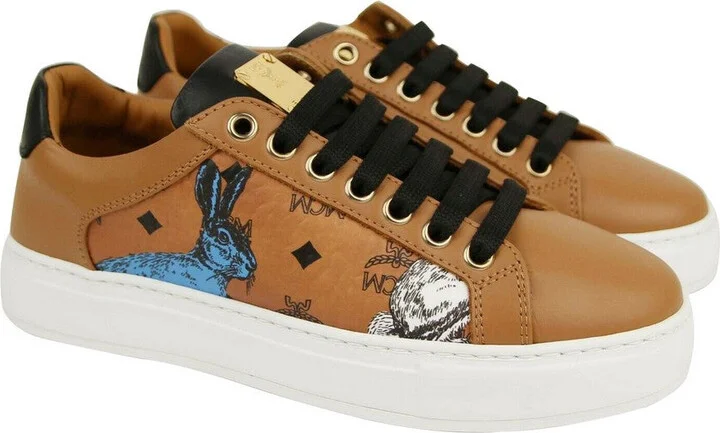 Women's Cognac Brown Visetos Leather Rabbit Print Sneakers MES9AMM76CO0 - Image 2