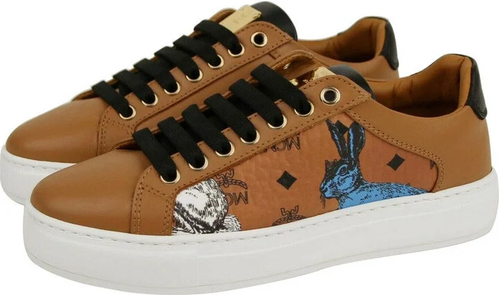 Women's Cognac Brown Visetos Leather Rabbit Print Sneakers MES9AMM76CO0 - Image 4