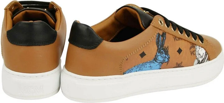 Women's Cognac Brown Visetos Leather Rabbit Print Sneakers MES9AMM76CO0 - Image 5