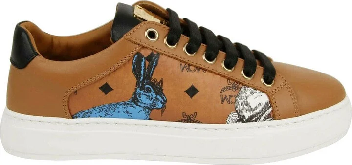 Women's Cognac Brown Visetos Leather Rabbit Print Sneakers MES9AMM76CO0 - Image 6
