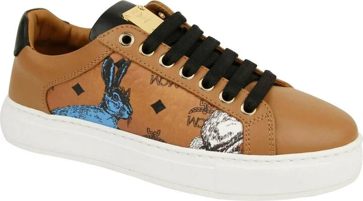 Women's Cognac Brown Visetos Leather Rabbit Print Sneakers MES9AMM76CO0