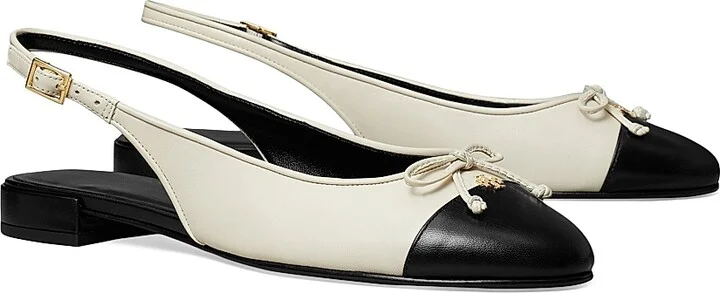 Women's Colorblocked Leather Cap-Toe Ballet Flats - Cream Black - Size 10 - Image 2