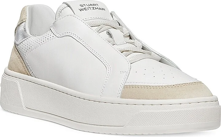 Women's Courtside Retro Leather Low-Top Sneakers - Light Beige White Silver - Size 10 - Image 2