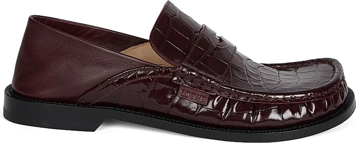 Women's Croc-Embossed Leather Loafers - Burgundy - Size 6