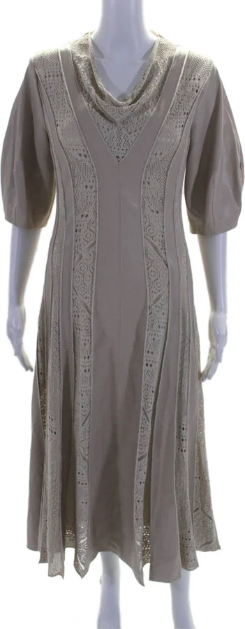 Womens Crochet Knit Vegan Leather Midi Dress Beige