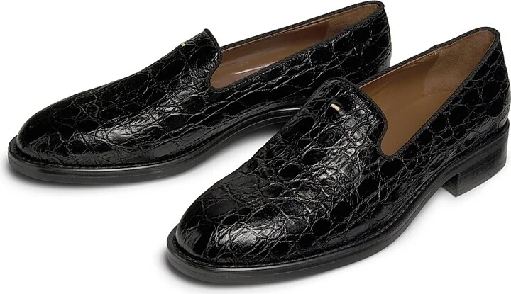 Women's Crocodile-Embossed Leather Loafers - Nero - Size 6.5 - Image 2