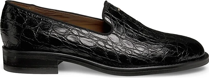 Women's Crocodile-Embossed Leather Loafers - Nero - Size 6.5
