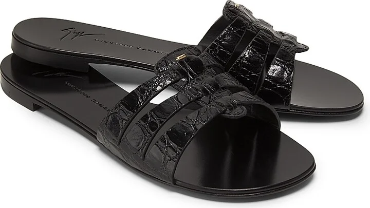 Women's Crocodile-Embossed Leather Sandals - Nero - Size 5 - Image 2
