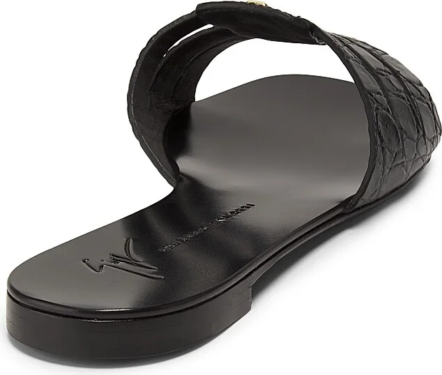 Women's Crocodile-Embossed Leather Sandals - Nero - Size 5 - Image 3