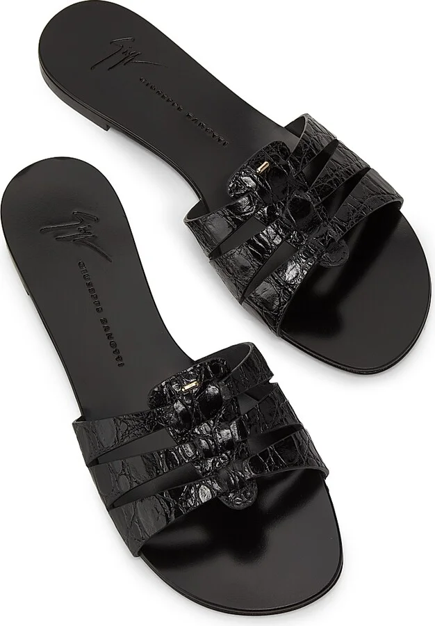 Women's Crocodile-Embossed Leather Sandals - Nero - Size 5 - Image 4