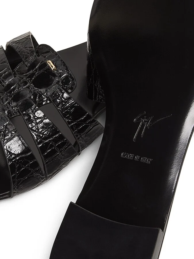 Women's Crocodile-Embossed Leather Sandals - Nero - Size 5 - Image 6