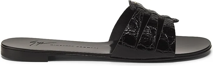Women's Crocodile-Embossed Leather Sandals - Nero - Size 5