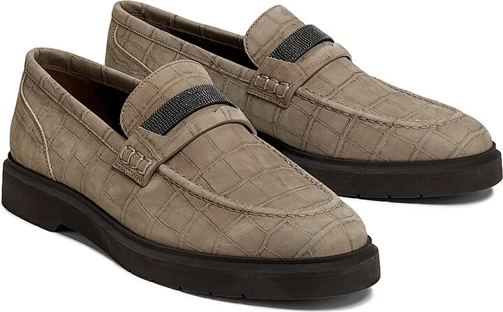Women's Crocodile-Embossed Suede Penny Loafers - Taupe - Size 6 - Image 2