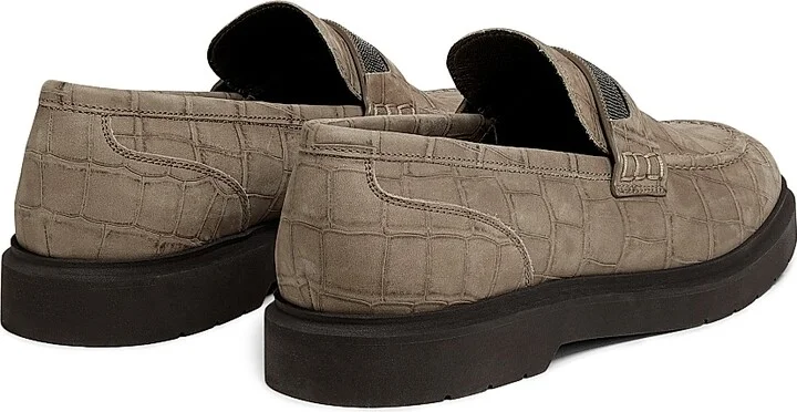 Women's Crocodile-Embossed Suede Penny Loafers - Taupe - Size 6 - Image 3