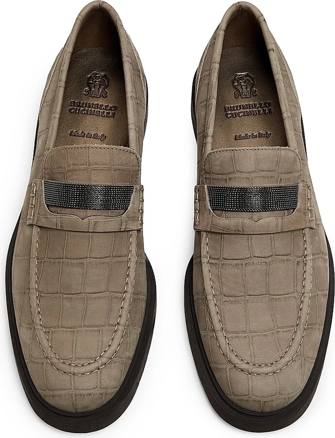 Women's Crocodile-Embossed Suede Penny Loafers - Taupe - Size 6 - Image 4