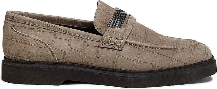Women's Crocodile-Embossed Suede Penny Loafers - Taupe - Size 6