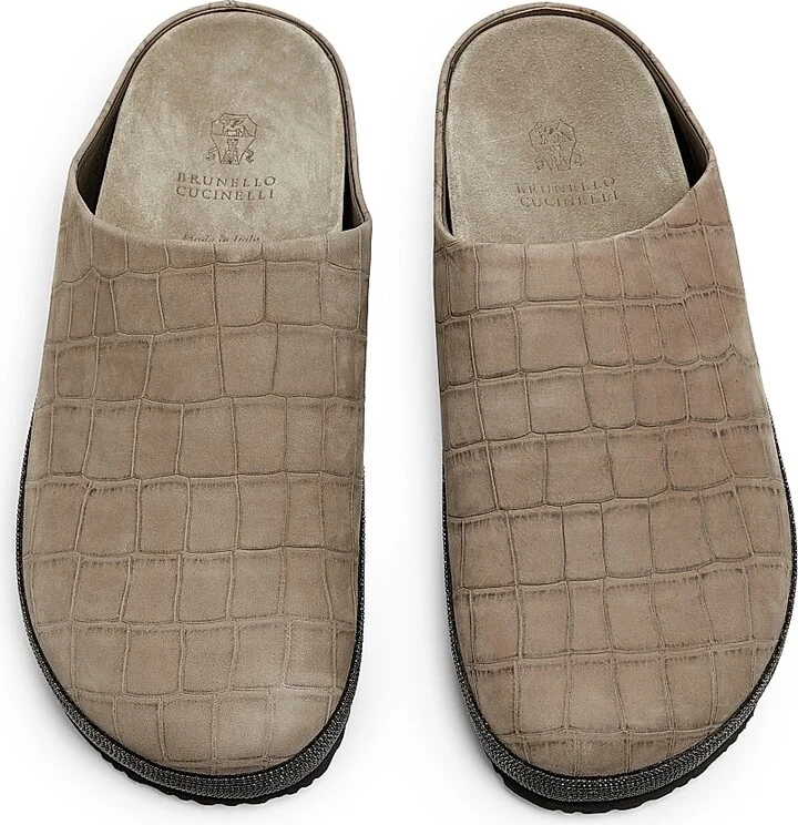 Women's Crocodile-Embossed Suede Slippers - Taupe - Size 7 - Image 4