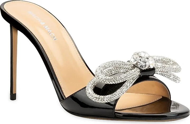 Women's Crystal Bow Patent Leather Slide Sandals - Black - Size 6 - Image 2