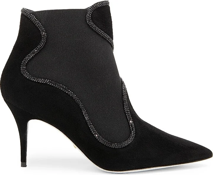 Women's Crystal Decorated 80MM Booties - Black Suede Jet Strass - Size 6