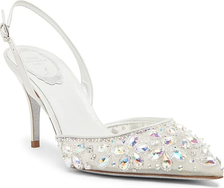 Women's Crystal Decorated 80MM Slingback Heels - White Net Lamb Crystal Strass - Size 5.5 - Image 2
