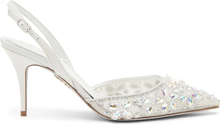 Women's Crystal Decorated 80MM Slingback Heels - White Net Lamb Crystal Strass - Size 5.5