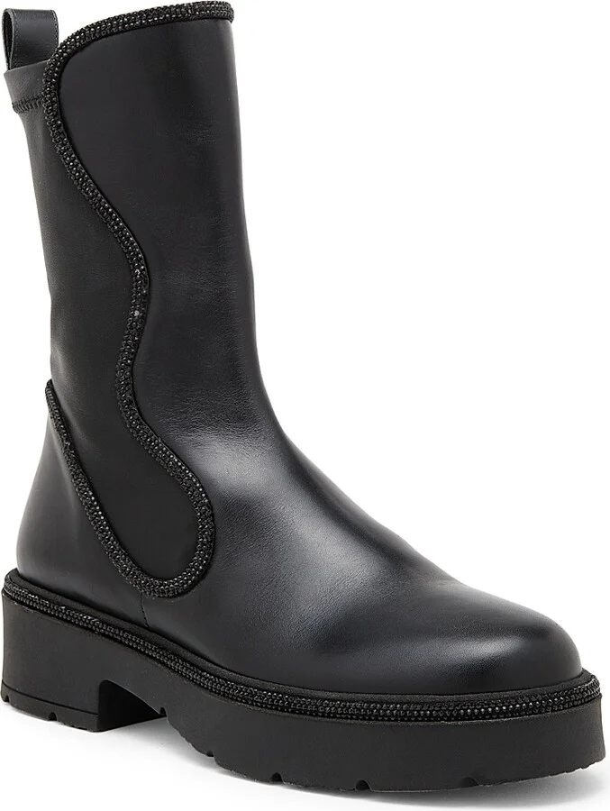 Women's Crystal Decorated Combat Boots - Black Calf Jet Hematite - Size 6 - Image 2