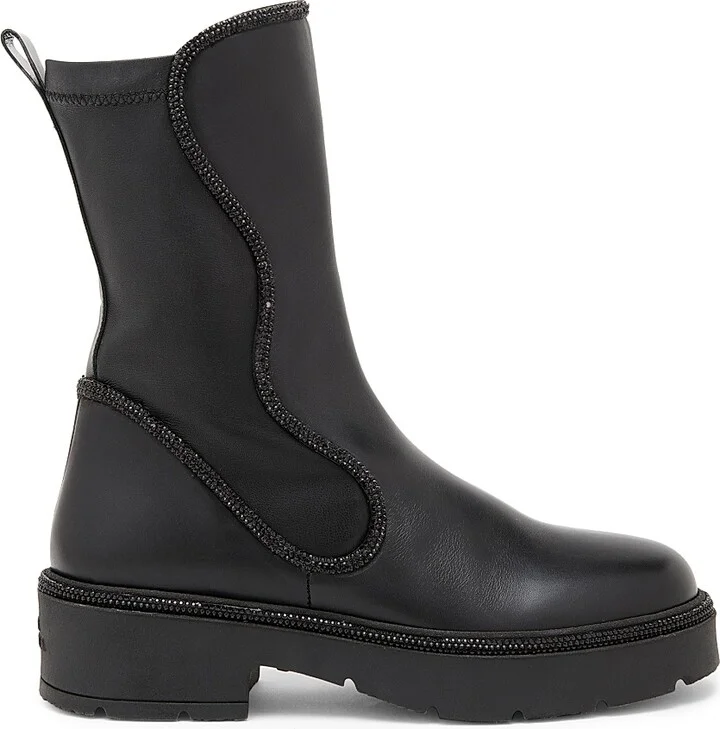 Women's Crystal Decorated Combat Boots - Black Calf Jet Hematite - Size 6