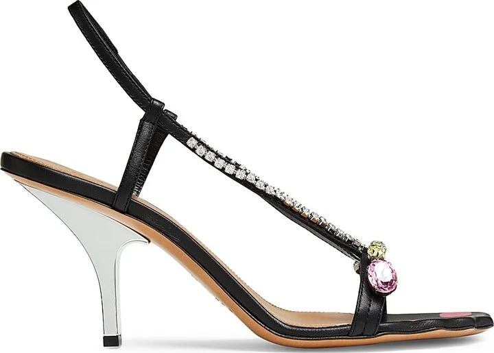 Women's Crystal-Embellished Leather Sandals - Black Orange - Size 6