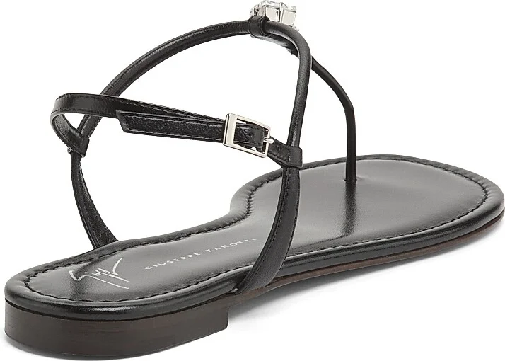 Women's Crystal-Embellished Leather T-Strap Sandals - Nero - Size 7 - Image 2